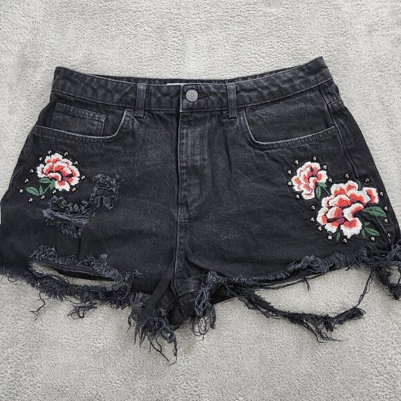 Denim Co Shorts Womens 10 Floral Embroidered Black Denim Hot Pants Distressed - Picture 1 of 15